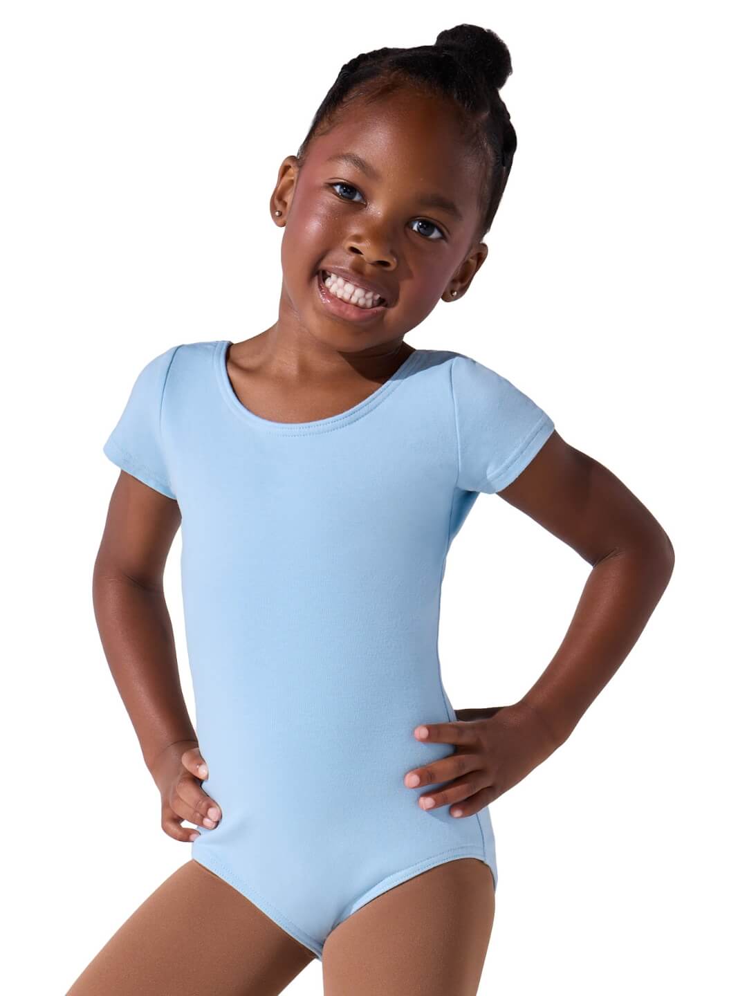 Girl wearing Capezio CC400C Short Sleeve Leotard in light blue