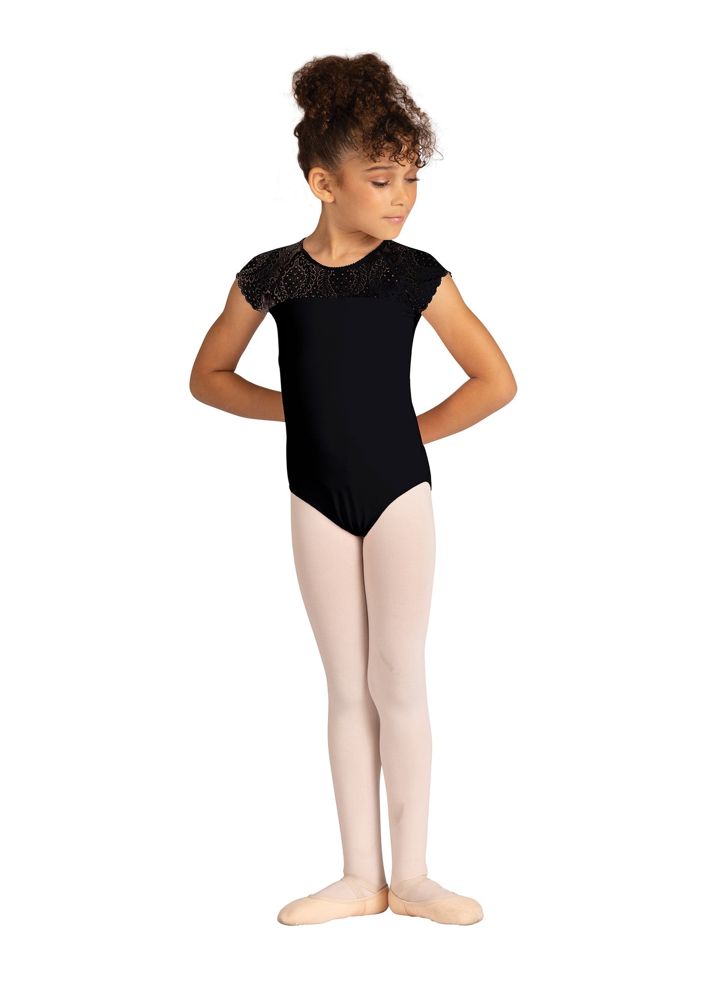 DANZNMOTION Kids Audra Cap Sleeve Leotard - 24102C Black, manufacturer photo
